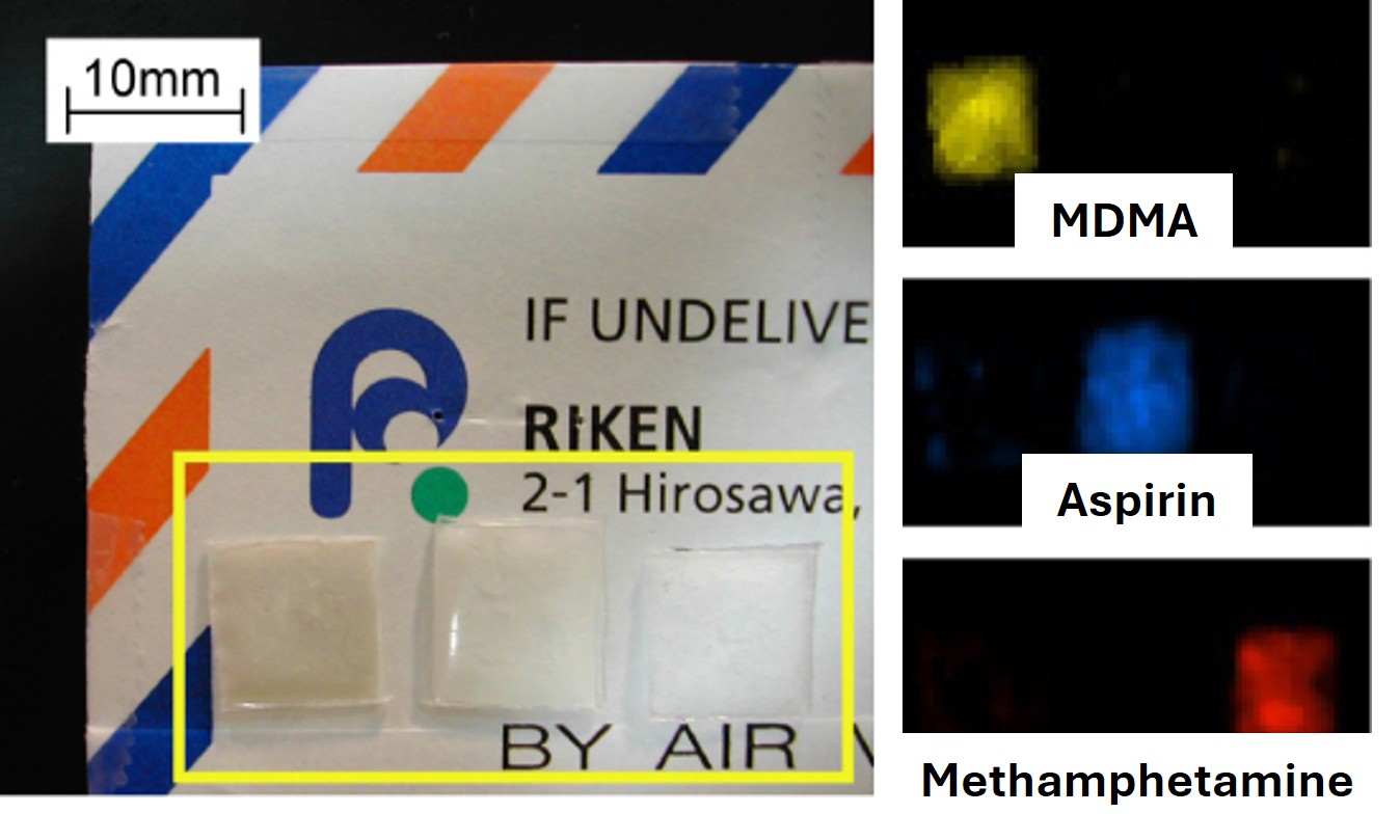 封筒の中の3種類の試料と、テラヘルツ波でMDMA・アスピリン・メタンフェタミンを識別した画像